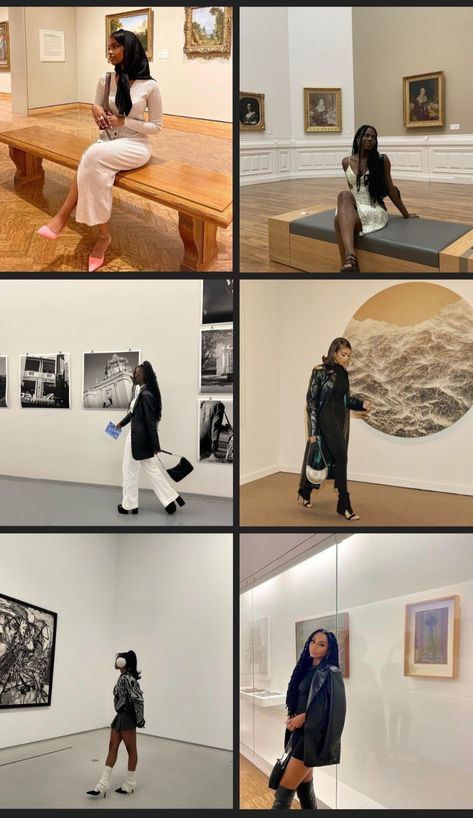 Collage of Black Women dressed up in museums Baddie Museum Outfit, Museum Night Outfit, Balloon Museum Outfit, Museum Birthday Photoshoot, Museum Aesthetic Black Women, Museum Post Ideas, The Met Museum Picture Ideas, Art Museum Aesthetic Outfit Winter, Museum Pose Ideas Aesthetic