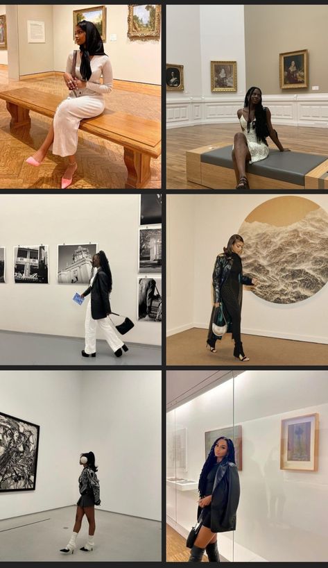 Collage of Black Women dressed up in museums Baddie Museum Outfit, Museum Birthday Photoshoot, Museum Night Outfit, Posing In Museum, Museum Pictures Black Women, The Met Museum Picture Ideas, Museum Aesthetic Black Women, Museum Post Ideas, Art Gallery Inspo Pics