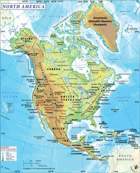 #NorthAmerica is the 3rd largest #continent in the #world having  23 independent #states and 25 dependent #territories. North America Physical Map, North America Map With Countries, North America Continent Map, World Geography Map, Map America, North America Continent, Map Of America, English Essays, Map Of North America