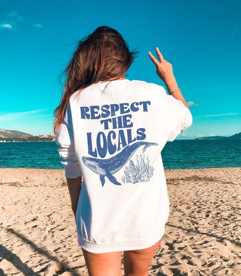 Surf Outfit Women, Surf Aesthetic Outfit, Surf Shop Shirts, Whale Sweater, Respect The Locals, Ocean Outfits, Ocean Shirt, Coconut Girl, Surf Outfit