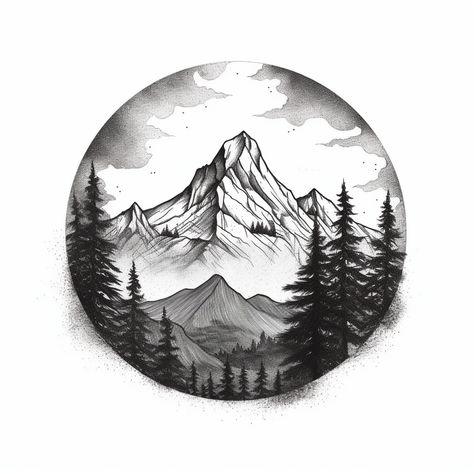 Minimal Mountain Tattoo Design, Forest And Mountains Drawing, Forest Mountain Tattoo Design, Mountain Scene Tattoo Design, Nature Tattoos Fine Line, Lion And Mountain Tattoo, Mountain Tattoo Outline, Mountainscape Tattoo, Mountain Silhouette Tattoo