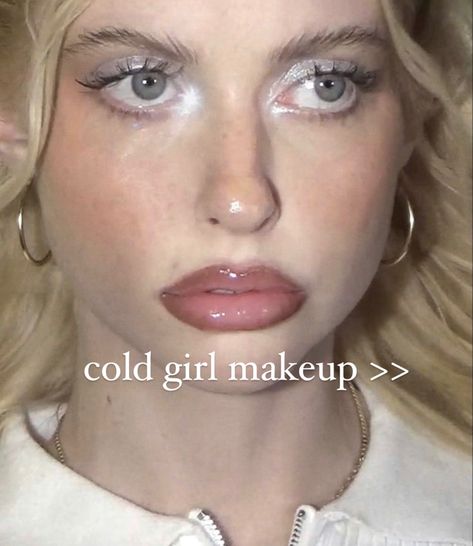 New Year Makeup Aesthetic, Frosty Winter Makeup, Icy 2000s Makeup, Frosty Makeup Look 90s, Snow Makeup Aesthetic, Winter White Makeup, Frosty Pink Makeup, Frosted Eye Makeup, I’m Cold Makeup Looks