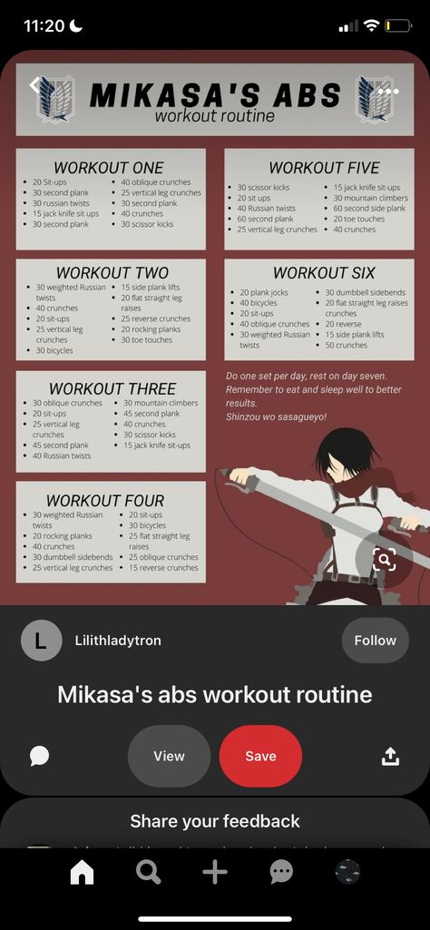 Mikasa Ackerman Ab Workout, Mikasa Abs Workout, Vertical Leg Crunches, Scissor Kicks, Oblique Crunches, Abs Workout Gym, Crunches Workout, Russian Twist, Abs Workout Routines