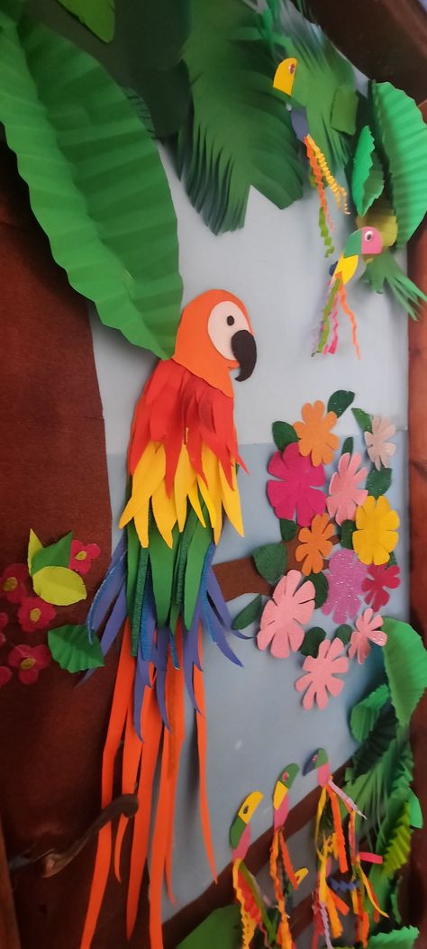 Classroom Jungle Theme Ideas, Jungle Vbs Room Decor, Elephant Bulletin Board Ideas, The Jungle Book Classroom Theme, Jungle Theme Bible School, Hawaiian Theme Classroom Door, Classroom Themes Safari, Rainforest Door Decoration, Rainforest Display Classroom