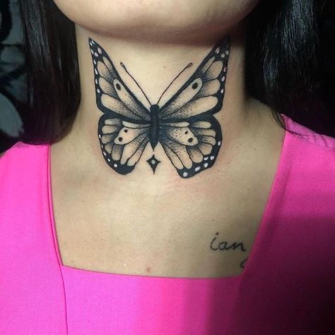 Butterfly Neck Tattoo. Butterfly Tattoo On Front Neck, Butterfly Neck Tattoos Women Throat, Neck Tattoos Women Throat Butterfly, Butterfly Neck Tattoos Women, Neck Throat Tattoos Women, Throat Tattoos Women, Front Neck Tattoos Women, Kneck Tattoos, Chest Tattoo Fonts