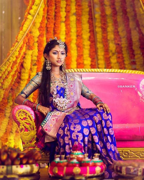 Photraits (@photraits) on Instagram: “Looks like the bahubali fever hasn't sunk in yet! This lil princess is all beautifully decked up…” Saree Function, Half Saree Function, Half Saree Lehenga, Sari Blouse Designs, Half Saree Designs, Wedding Silk Saree, Indian Bridal Fashion, South Indian Wedding, Blouse Design Models