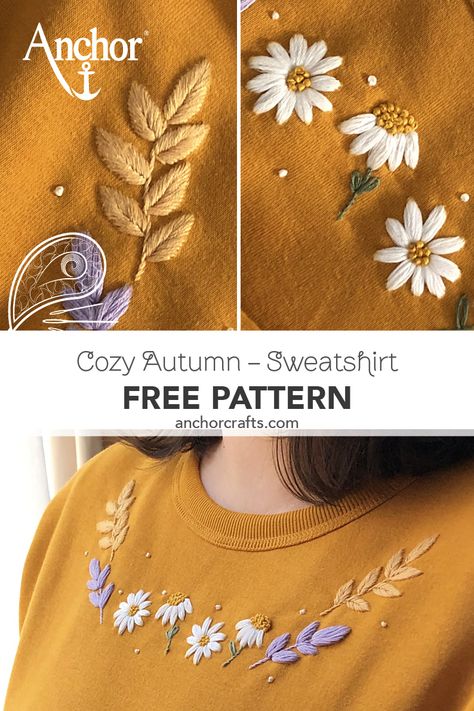 Cute Flower Embroidery Patterns, Embroidery On Yellow Tshirt, Embroidery On Mustard Fabric, Embroidery In Sweater, Yellow Flowers Embroidery, Flower Embroidery Free Pattern, Embroidery Sweater Designs, Flower Embroidery Designs Free Pattern, Embroidery On Yellow Fabric