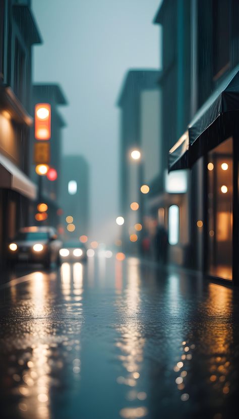 In this photograph by Andrew Domachowski, we are presented with a captivating scene of a city street during a rainy day. The windowpane is adorned with raindrops, creating a beautiful aesthetic. The overcast bokeh in the background adds to the gloomy and wet atmosphere of the scene. The rainy and gloomy atmosphere is palpable, with the pouring rain and wet surroundings. Rainy Street Aesthetic, China Moodboard, Rainy Sidewalk, Rainy Backgrounds, Raining In The City, Rainy Day Landscape, Rainy City Aesthetic, Surroundings Photography, Rainy Day City