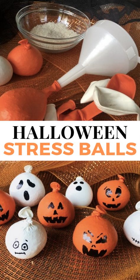 Check out this super easy Halloween craft to make with your kids. These are DIY Halloween Pumpkin Stress Balls. You can make this craft with kids for Halloween. #HalloweenCraft #Halloween #HalloweenCraftTime Halloween Decorations Classroom, Halloween Toddler Crafts, Halloween Crafts For Teens, Halloweenpyssel Barn, Halloween Kita, Harvest Activities, Halloween Pumpkin Diy, Halloween Class Party, Halloween Crafts Preschool