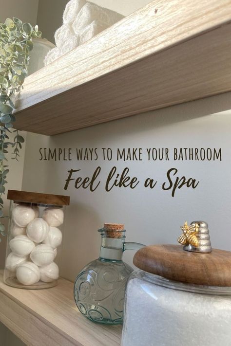 How To Decorate Around A Soaking Tub, Bathroom Spa Shelves, Shelf By Bathtub, End Of Bath Ideas, Spa Bathroom Shelves, Luxury Bathtub Decor, How To Make A Small Bathroom Feel Like A Spa, Spa Decor For Small Bathroom, Diy Spa Bathroom Decor