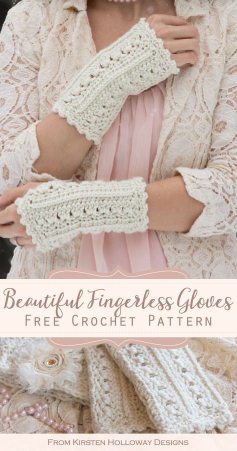 These beautiful lace fingerless gloves for women and teens are so easy to crochet! Make them as a quick last minute gift idea for your friends! #KirstenHollowayDesigns #crochetwristwarmerpatterns #freecrochetpatterns Wrist Warmers Crochet, Crochet Wrist Warmers, Lace Fingerless Gloves, Fingerless Gloves Crochet Pattern, Confection Au Crochet, Crochet Gloves Pattern, Knitting Patterns Free Sweater, Simple Lace, Crochet Geek