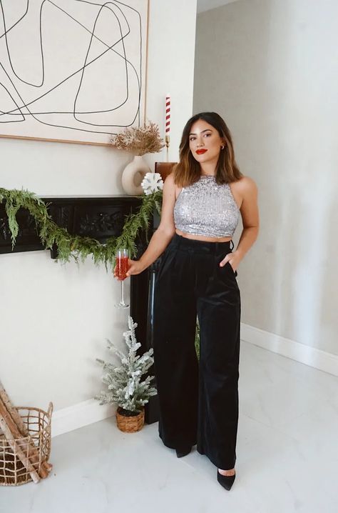 Nye Sparkly Outfit, Glitter Crop Top Outfits, Party Trouser Outfit, Silver Crop Top Outfit, How To Style Sequin Top, Nye Pants Outfits, Nye Sequin Outfit, Trouser Party Outfit, Mid Size Nye Outfit