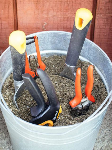 DIY Tool Cleaning Station: The Fastest Way to Clean Garden Tools – Garden Betty Garage Garden Storage, Veggie Cleaning Station, How To Organize Garden Tools, Organize Garden Tools In Shed, Cleaning Yard Hacks, Gardening Tool Storage, Diy Garden Potting Station, Diy Garden Tool Holder, Garden Tool Organization Ideas