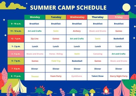 Creative Colorful Summer Camp Schedule Summer Camp Curriculum, Summer Camp Schedule, Camp Schedule, Kids Summer Schedule, Curriculum Template, Orientation Day, Template Jadwal, Business Budget Template, Summer Day Camp