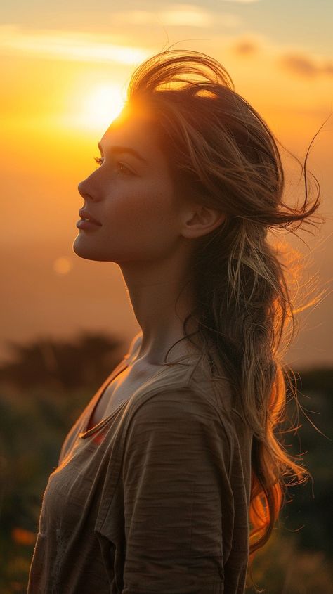 Sunset Serenity Profile: A tranquil woman enjoys a moment of peace as the sun sets behind her, coloring the sky. #sunset #woman #tranquility #golden hour #silhouette #profile #peace #nature #aiart #aiphoto #stockcake https://ayr.app/l/sztT Peaceful Woman Photography, Nature Person Aesthetic, Sunny Photography Sunlight, Dramatic Landscape Photography, Sunset Model Photography, Sunset Aesthetic Photoshoot, Shipwreck Photoshoot, Beach Sunset Photo Ideas, Golden Hour Portrait Photography