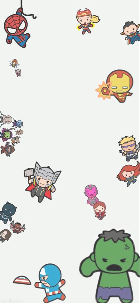 Chibi Avengers Wallpaper, Avengers Cute Wallpaper, Mini Avengers Wallpaper, Mini Marvel Characters, All Marvel Characters In One Picture, Marvel Chibi Wallpaper, Avengers Cute Cartoon, Chibi Spiderman Wallpaper, Iron Man Cartoon Wallpaper