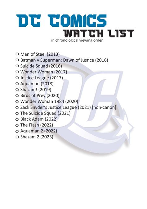 New listings! Looking for watch lists for some of your favorite film franchises? Check out my digital lists, perfect for adding to your planner or journal, and keeping track! Aquaman 2018, Justice League 2017, Dawn Of Justice, Dc Movies, Batman V, Nerd Alert, Man Of Steel, Movie List, Movie Theater