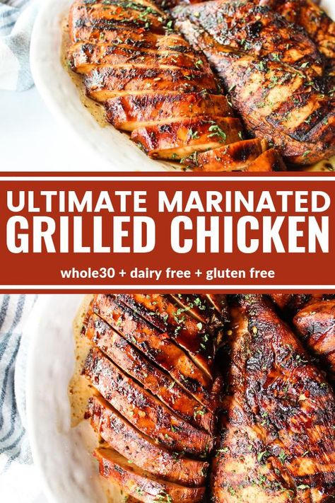 This Ultimate Marinated Grilled Chicken is the absolute best grilled chicken and made with only good for you ingredients. You're going to love how flavorful it is thanks to an easy marinade! It's sugar free, dairy free, gluten free, and Whole30 compliant! Grilled Chicken Recipes, Best Grilled Chicken, Marinated Chicken Recipes, Grilled Chicken Marinade, Marinated Grilled Chicken, Chicken Marinade Recipes, Dairy Free Gluten Free, Chicken Marinade, Marinade Recipes