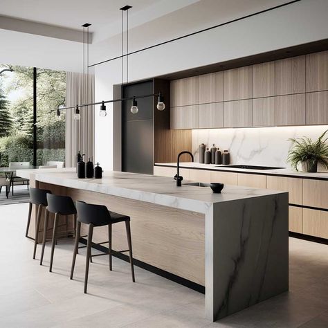 Experience Elegance in Everyday Living with Trendy Kitchen Design Ideas • 333+ Images • [ArtFacade] Modern Kitchen Industrial, European Modern Kitchen Design, Contemporary Coastal Kitchen, Modern Minimalist Kitchen Design, White Oak Modern Kitchen, Kitchen Wooden Island, White And Wood Kitchen Ideas, Modern Natural Kitchen, Odd Shaped Kitchen
