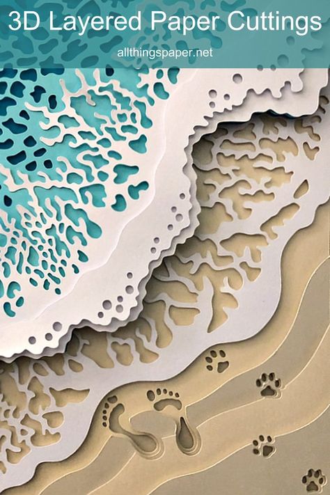 beach scene layered paper cutting with waves breaking at shore and footprints and dog pawprints in the sand Mandalas, Paper Bouquets, Wood Laser Ideas, Cut Paper Illustration, Projets Cricut, Laser Cut Paper, Paper Art Sculpture, Laser Paper, Cut Out Art