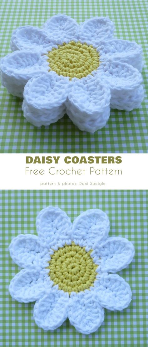 daisy coasters Crochet Flat Sunflower, Crocheted Flower Coasters, Crochet Projects Flowers, Crochet Things To Sell, Crochet Flower Pattern Free, Tote Crochet, Crochet Coasters Free Pattern, Flower Coasters, Crochet Flowers Free Pattern