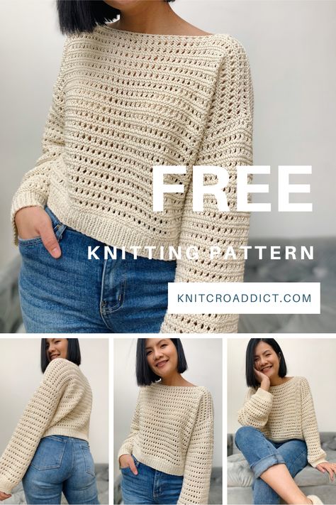 Free knitted sweater pattern includes women's sizes XS-XXL. Womens Sweater Knitting Patterns Free, Pattern Knitting Sweater, Knitted Summer Sweater, Cropped Knit Sweater Pattern Free, Knitting Tops For Women Free Pattern, Triple Crochet Sweater, Free Jumper Knitting Patterns For Women, How To Knitting A Sweater, Knitted Sweaters Diy