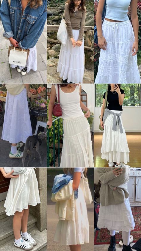 Long Skirt Outfits For Summer Aesthetic, Aesthetic Summer Outfits Modest, White Maxi Skirt Outfit Summer, White Flowy Skirt Outfit, Flowy Skirt Outfit, Long Skirt Outfits Aesthetic, Different Sleeves, Skirt Outfits Aesthetic, White Skirt Outfits