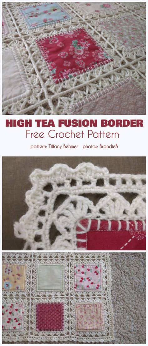 High Tea Fusion Crochet Quilt and Border Free Pattern Crochet Fabric Quilt, Crochet And Quilting Together, Crochet Fusion Quilt, Crochet Fabric Blanket, Crocheted Quilt Patterns, Crochet Quilt Pattern Free, Turning 20 Quilt Pattern Free, Free Crochet Square Patterns, Crochet Quilt Tutorial