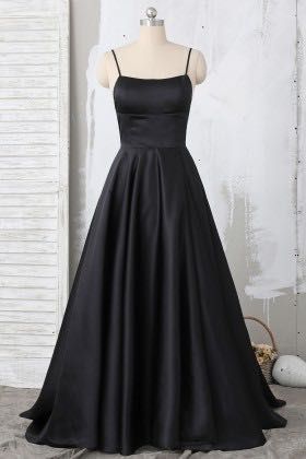 Simple Black Prom Dress, Grade 8 Grad Dresses, Black Spaghetti, Black Spaghetti Strap, Black Prom Dress, Prom Dress Inspiration, Black Prom, Grad Dresses, A Line Prom Dresses