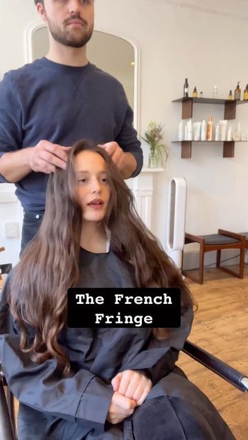 French Haircuts Long, The French Fringe, Long French Fringe, Long Hair Full Fringe, Bardot Fringe Long Hair, Medium Length Haircut For Thick Hair Bangs, Long Hair With Bangs French, Long Face Bangstyle, Long Haircut Without Bangs