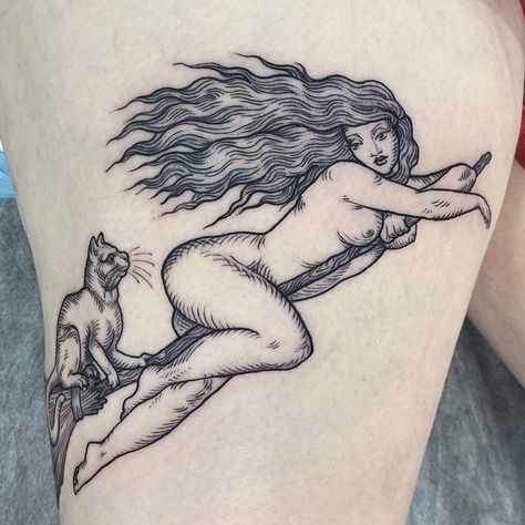 Woman Legs Tattoo, Bone Witch Fan Art, Witch On Broomstick Tattoo, Vintage Witchy Tattoos, Woodcut Tattoo Leg Sleeve, Three Witches Dancing Tattoo, Burning Witch Tattoo Traditional, Pagan Witch Tattoo, Witch On A Broom Tattoo
