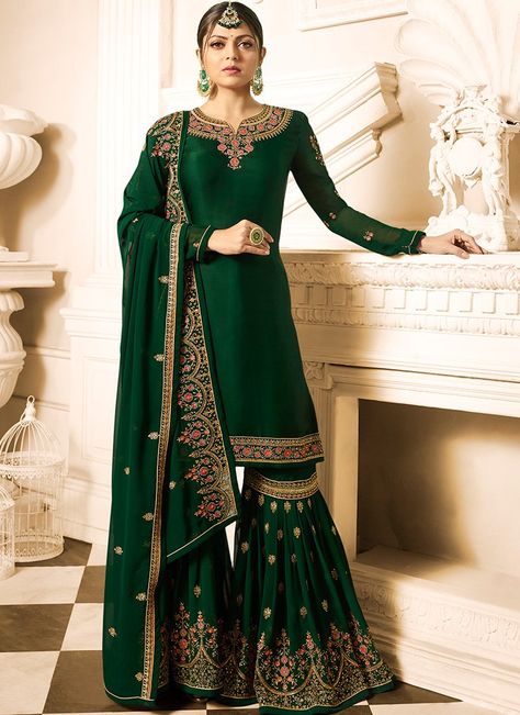 Emerald Green Embroidered Gharara Suit Green Gharara, Green Sharara Suit, Sarara Dress, Wedding Sharara, Green Sharara, Gharara Designs, Georgette Sharara, Sharara Designs, Desi Outfits