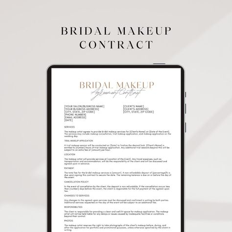 Congratulations on your journey to make brides look and feel stunning on their special day! Elevate your bridal makeup business with our customizable Bridal Makeup Artist Contract Template, designed on Canva for easy editing. This template is a game-changer for makeup artists seeking a polished and efficient way to manage bookings.  Key Features: Easy Customisation Comprehensive Details Professional Aesthetics Instant Download What's Included: Fully editable Canva template (Link provided post-purchase) Sections for client details, event specifics, and terms of service Clear breakdown of bridal makeup services and associated pricing Payment and cancellation policies How it works:  1. Purchase the template. 2. Receive an instant download link to your Canva template on a PDF. 3. Customise the Makeup Artist Contract, Makeup Contract, Bridal Makeup Services, Makeup Artist Branding, Makeup Business, Consent Forms, Unique Branding, Artist Branding, Makeup Academy
