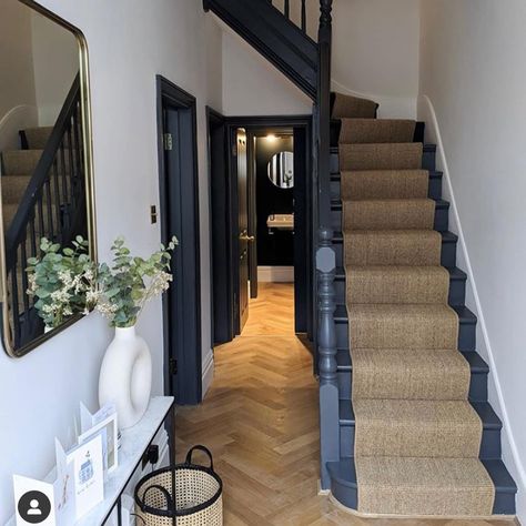 Hall Staircase Design, Entrance Hall And Stairs Ideas, Dark Stair Carpet Ideas, Dark Staircase With Runner, Black And Wood Hallway, Dark Stairs Ideas, Navy Blue Stairs, Hallway Victorian House, Hallway With Stairs Entryway