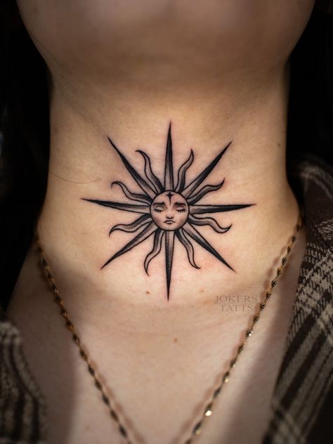 Sides Of Neck Tattoo, Cute Side Neck Tattoos For Women, Cute Throat Tattoos For Women, Lower Throat Tattoo, Sun And Moon Throat Tattoo, Under Chin Tattoo Ideas, Dark Sun And Moon Tattoo, Spiritual Throat Tattoo, Moon Throat Tattoo