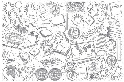 Hand drawn geography doodle set Premium ... | Premium Vector #Freepik #vector #book #border #hand #map Geography Cover Page Ideas, Mathematics Images, Vector Book, Set Background, Bujo Doodles, Teaching Geography, Lettering Download, Doodle Images, World Geography