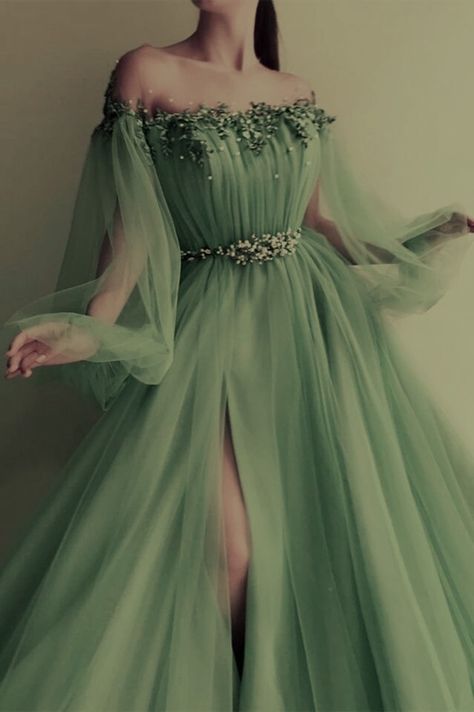 Princess Ball Gowns Fantasy Fairytale Green, Cottagecore Wedding Dress Green, Prom Enchanted Forest Theme Dress, Nature Themed Prom Dress, Sage Green Fantasy Dress, Medium Dress Elegant, Cottage Core Prom Dress Green, Sage Green Ball Gown Dresses, Cottagecore Prom Dress Formal