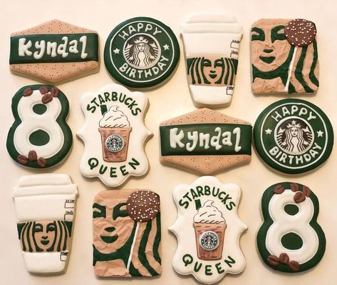 10th Birthday Cookie Ideas, Logos, Starbucks Cookies Decorated, Starbucks Cookie, Starbucks Cookies, Starbucks Latte, Starbucks Birthday, Food Cookies, Icing Techniques