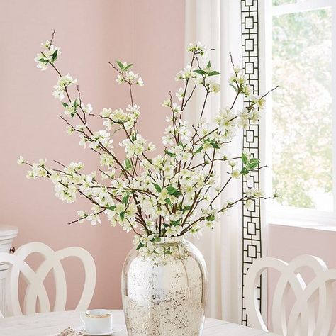 Spring Home Refresh: Ballard Designs Friends & Family Event | Jo-Lynne Shane Dining Room Table Flower Arrangements, Best Faux Flowers, Cherry Blossom Vase, Vase With Branches, Dogwood Branches, Tall Glass Vase, Faux Branches, Long Stem Flowers, Greenery Decor