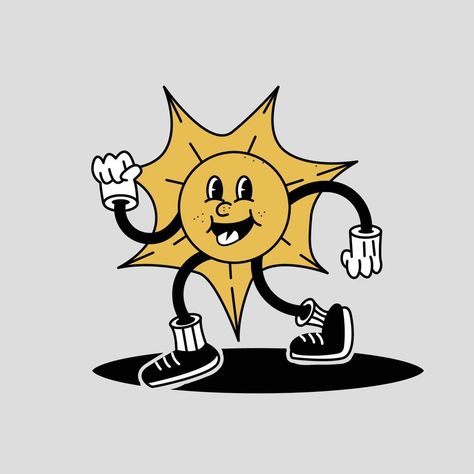 Cute funny Sun character. Retro Vector hand drawn cartoon character illustration icon.Sun character concept Retro Sun Character, Sun Character, Sun Cartoon, Walking Cartoon, Cartoon Character Illustration, 70s Cartoons, Funny Sun, Old Cartoon Characters, Sun Drawing