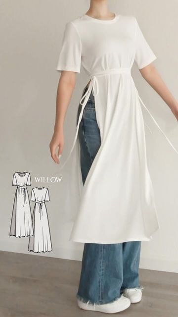 Pattern Design For Dress, Dresses With Jeans Outfit, Vest Dress Pattern, Jeans Over Dress, Jeans And Dress Outfit, Dress Over T Shirt, T Shirt Pattern Sewing, Dress With Jeans Outfit, Sewing Patterns Shirts