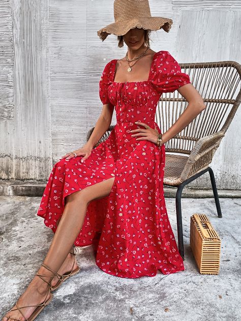 Red Boho  Short Sleeve Polyester Floral,All Over Print A Line Embellished Non-Stretch Spring/Summer Women Dresses Red Flower Dress Outfit, Red Floral Dress Outfit, Flower Dresses Outfit, Floral Dress Outfit Summer, Red Floral Sundress, فستان زهري, Red Boho Dress, Red Flower Dress, Bright Floral Dress