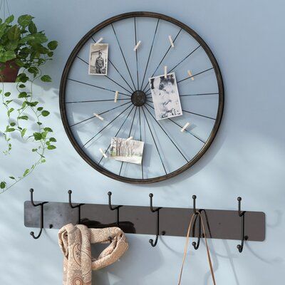 Photo Holder Wall, Bicycle Wheel Decor, Wheel Crafts, Wall Frame Design, Wagon Wheel Decor, Bicycle Rims, Wheel Decor, Cheap Wall Decor, Entryway Wall Decor