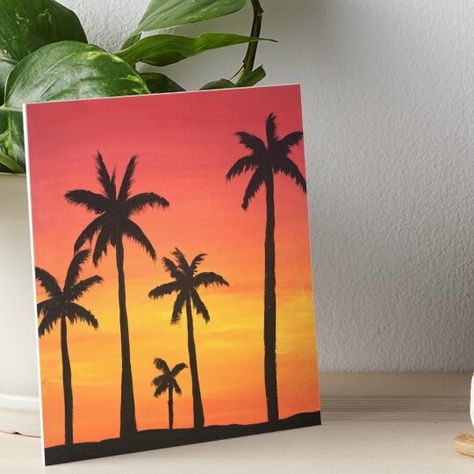 Professionally printed on firm, textured mat boards perfect for desks and shelves. Supplied with 3M velcro dots to easily affix to walls. Available in standard sizes. Hand painted sunset with palm tree silhouette Art Of Sunset, Plant Paintings Simple, Simple Palm Tree Painting, Sunset Texture Painting, Canvas Painting Silhouette, Palm Tree Silhouette Painting, Silhouette Sunset Painting, Sunsets Paintings Easy, Simple Nature Paintings For Beginners