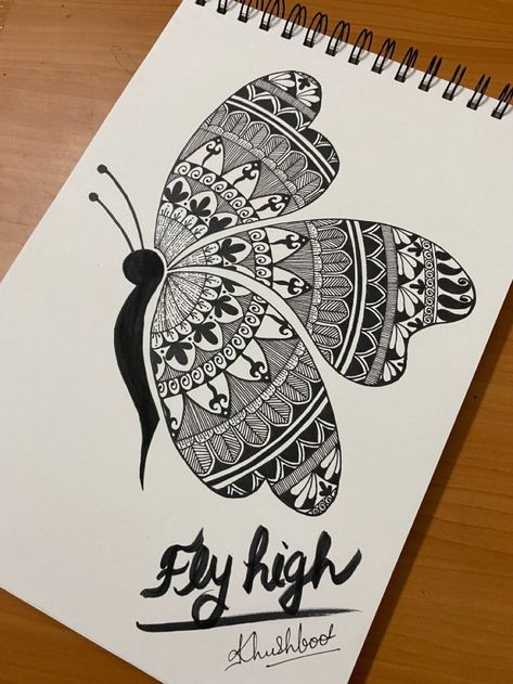 Elements Of Design Drawings, Mandala Art In Butterfly, Butterfly Drawing Mandala, Mandala Art Butterfly Design, Vignette Drawing Flower, Vignette Art Drawing Simple, Vignette Drawing Easy, Mandala Drawing Butterfly, Shading Drawing Sketches