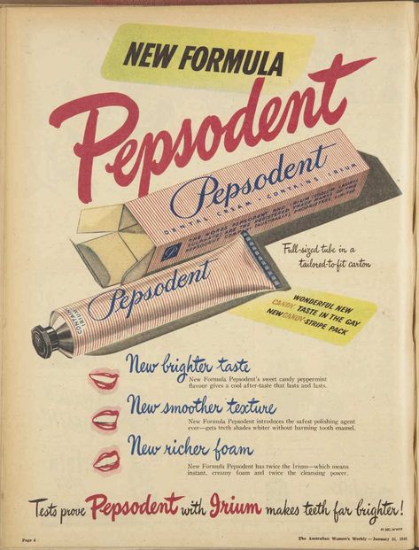 1948 advertisement for Pepsodent toothpaste : Free Download, Borrow, and Streaming : Internet Archive Toothpaste Advertising Creative, Pepsodent Toothpaste, Toothpaste Ads, Toothpaste Advertisement, Vintage Toothpaste, 60s Ads, Jakarta Photography, Homemade Mouthwash, Foot Reflexology Massage