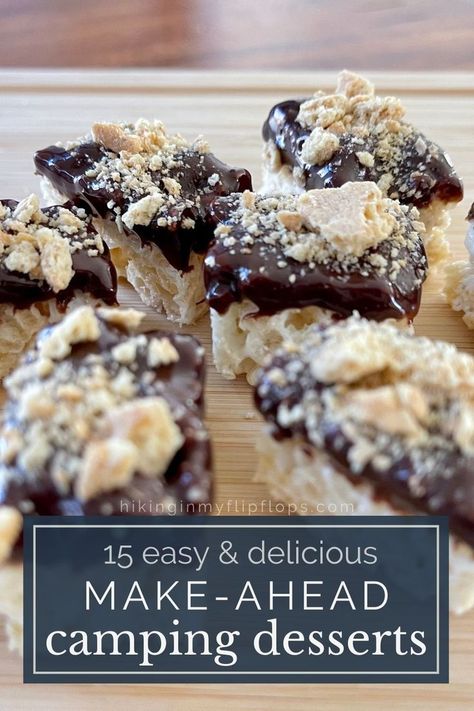 Rice Krispies Treats s'mores, which are excellent make-ahead camping desserts Vegan Campfire Dessert, Camping Baking Ideas, Desserts While Camping, Camping Sweet Treats, Dessert For Camping Make Ahead, No Bake Camping Desserts, Fun Camping Desserts, Simple Camping Desserts, Desserts For Camping Easy