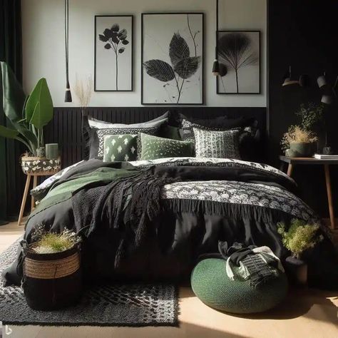 31 Black And Green Bedroom Ideas, Inspiration And Photos » Decor Ranch Black Green Bedding, Black Cozy Bedroom Ideas, Green And Black Bedding Ideas, Black Cream And Green Bedroom, Monochrome Green Bedroom, Black White Green Bedroom, Black And Green Bedroom Ideas, Black And Green Bedroom, Black And White Bedspreads