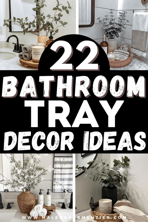 22 Bathroom Tray Decor Ideas For A Practical & Pretty Counter Bathroom Tray Styling, Bathroom Tray Decor Ideas, Bathroom Counter Ideas, Bathroom Tray Ideas, Round Tray Decor, Mirror Tray Decor, Bathroom Counter Decor Ideas, Bathroom Tray Decor, Bathroom Trays