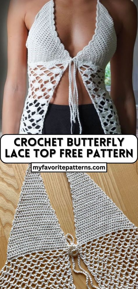 Crochet Butterfly Lace Top Tutorial Amigurumi Patterns, Lace Top Patterns, Crochet Tube Top, Crochet Halter Top Pattern, Halter Top Pattern, Crochet Lingerie, Crochet Festival, Crochet Top Outfit, Crochet With Cotton Yarn